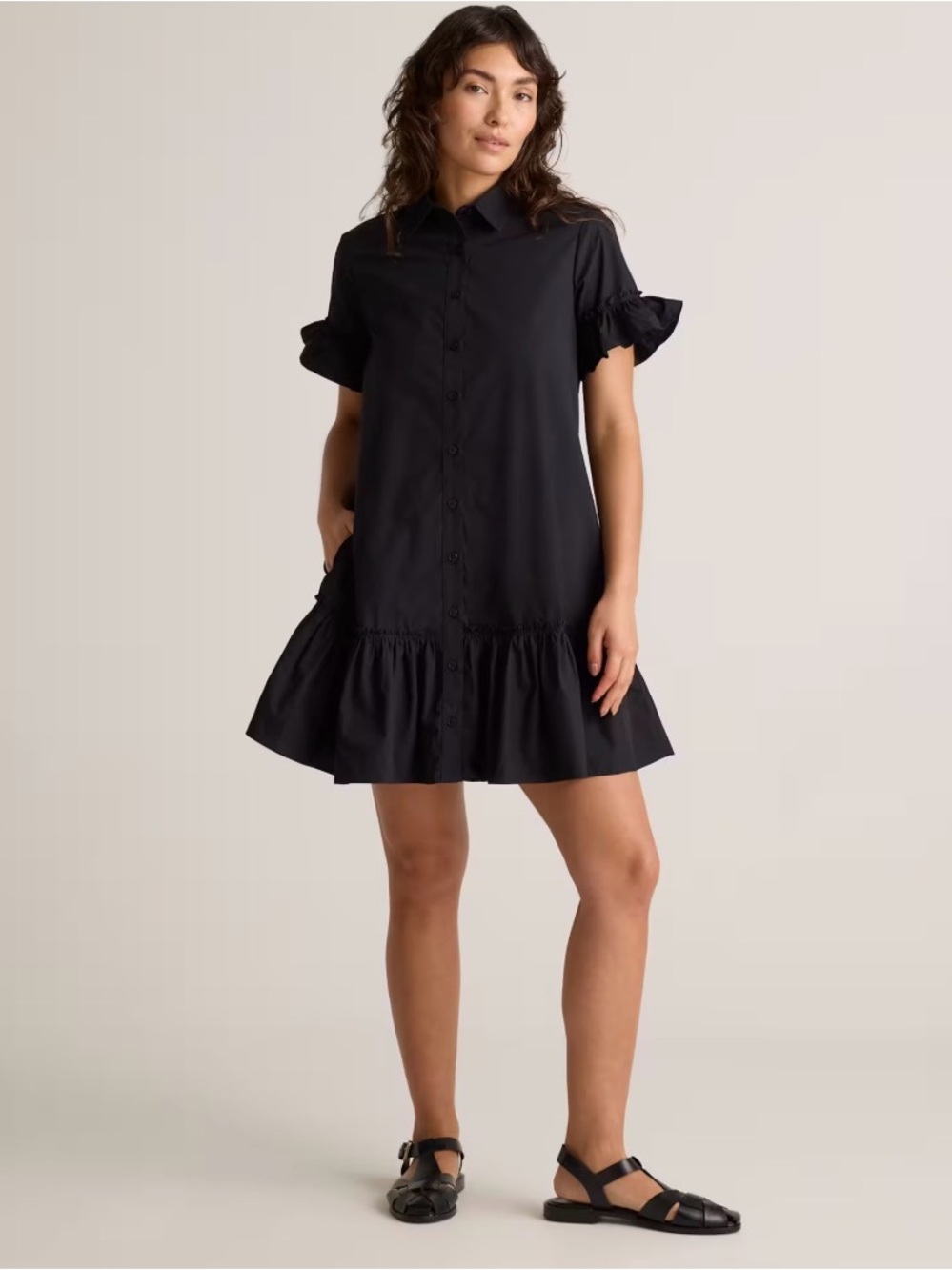 Quince Black Short Ruffle-Hem Shirt Dress